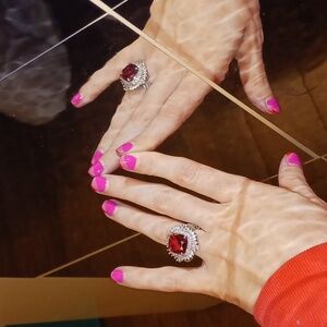 HUGE Ruby Red Ring Jewelry. Size 7. Red, white, and silver colors. Rhinestones.